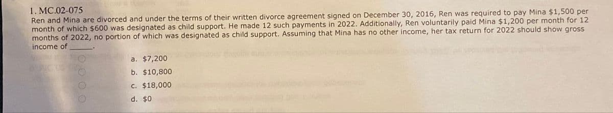 1. MC.02-075
Ren and Mina are divorced and under the terms of their written divorce agreement signed on December 30, 2016, Ren was required to pay Mina $1,500 per
month of which $600 was designated as child support. He made 12 such payments in 2022. Additionally, Ren voluntarily paid Mina $1,200 per month for 12
months of 2022, no portion of which was designated as child support. Assuming that Mina has no other income, her tax return for 2022 should show gross
income of
a. $7,200
b. $10,800
c. $18,000
d. $0