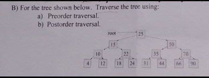 B) For the tree shown below. Traverse the tree using:
a) Preorder traversal.
b) Postorder traversal.
root
25
15
50
10
22
35
70
12
18
24
31
44
66

