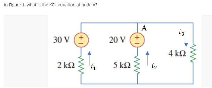 In Figure 1, what is the KCL equation at node A?
A
iz
30 V
20 V
4 kN
2 k2
5 k2
iz
+
