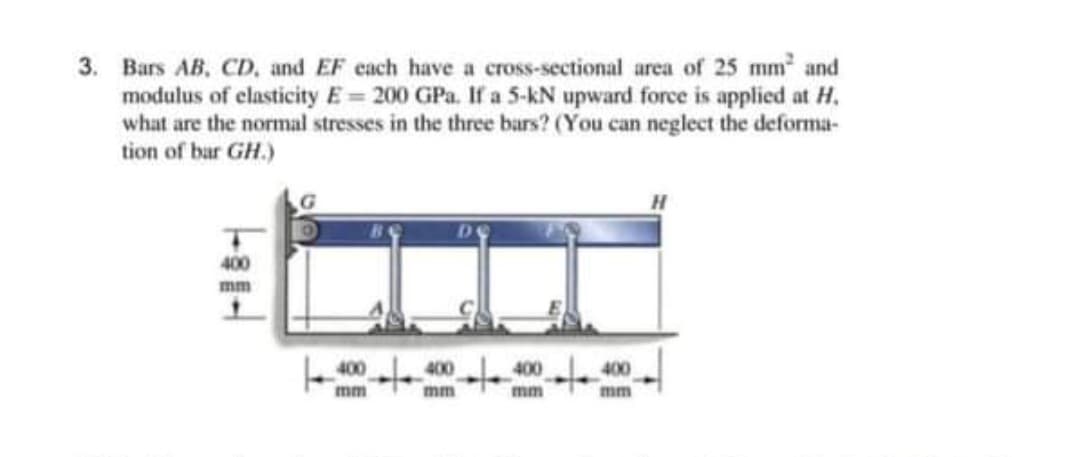 3. Bars AB, CD, and EF each have a cross-sectional area of 25 mm and
modulus of elasticity E= 200 GPa. If a 5-kN upward force is applied at H.
what are the normal stresses in the three bars? (You can neglect the deforma-
tion of bar GH.)
400
mm
400
mm
mm
mm
mm
