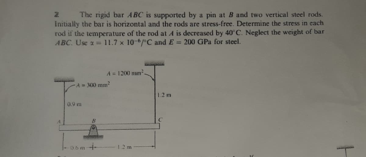The rigid bar ABC is supported by a pin at B and two vertical steel rods.
Initially the bar is horizontal and the rods are stress-free. Determine the stress in each
rod if the temperature of the rod at A is decreased by 40° C. Neglect the weight of bar
ABC. Use a 11.7 x 10-6/°C and E 200 GPa for steel.
A = 1200 mm.
A 300 mm²
1.2 m
0.9 m
C
A.
0.6 m-
1.2 m
