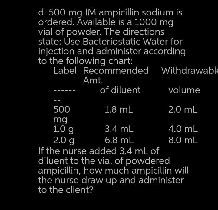 d. 500 mg IM ampicillin sodium is
ordered. Available is a 1000 mg
vial of powder. The directions
state: Úse Bacteriostatic Water for
injection and administer according
to the following chart:
Label Recommended Withdrawable
Amt.
of diluent
volume
500
1.8 mL
2.0 mL
mg
1.0 g
2.0 g
If the nurse added 3.4 mL of
diluent to the vial of powdered
ampicillin, how much ampicillin will
the nurse draw up and administer
to the client?
3.4 mL
4.0 mL
6.8 mL
8.0 mL
