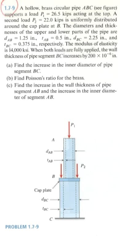1.7-9 A hollow, brass circular pipe ABC (see figure)
supports a load P = 26.5 kips acting at the top. A
second load P, = 22.0 kips is uniformly distributed
around the cap plate at B. The diameters and thick-
nesses of the upper and lower parts of the pipe are
dAn = 1.25 in., w = 0.5 in., dvc = 2.25 in., and
Iạc = 0.375 in., respectively. The modulus of elasticity
is 14,000 ksi. When both loads are fully applied, the wali
thickness of pipe segment BC'increases by 200 × 10- in.
(a) Find the increase in the inner diameter of pipe
segment BC.
(b) Find Poisson's ratio for the brass.
(c) Find the increase in the wall thickness of pipe
segment AB and the increase in the inner diame-
ter of segment AB.
PI
A
dAB
'AB
P2
B
Cap plate
dBc
IBC
C
PROBLEM 1.7-9

