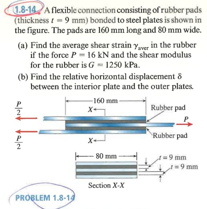 1.8-14 A flexible connection consisting of rubber pads
(thickness t = 9 mm) bonded to steel plates is shown in
the figure. The pads are 160 mm long and 80 mm wide.
(a) Find the average shear strain yaver in the rubber
if the force P = 16 kN and the shear modulus
for the rubber is G = 1250 kPa.
(b) Find the relative horizontal displacement 8
between the interior plate and the outer plates.
160 mm
P
X-
Rubber pad
2
P
Rubber pad
P
X+
2
- 80 mm -→
3 9 mm
t%3D9 mm
Section X-X
PROBLEM 1.8-14
