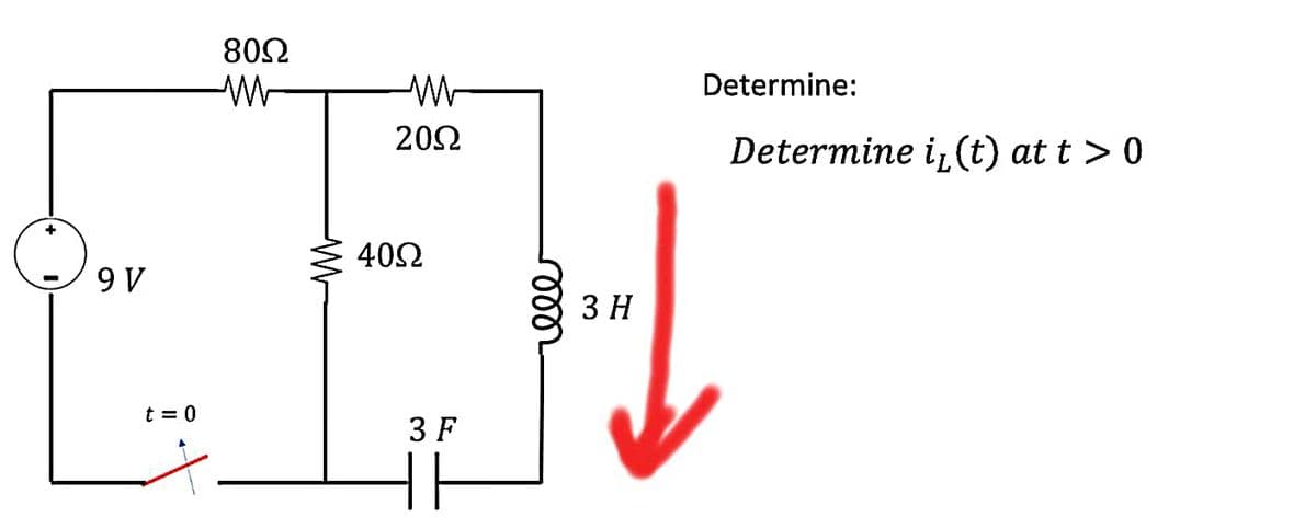 +
9V
t = 0
80Ω
20Ω
40Ω
3 F
ooo
3 Н
Determine:
Determine i(t) at t > 0