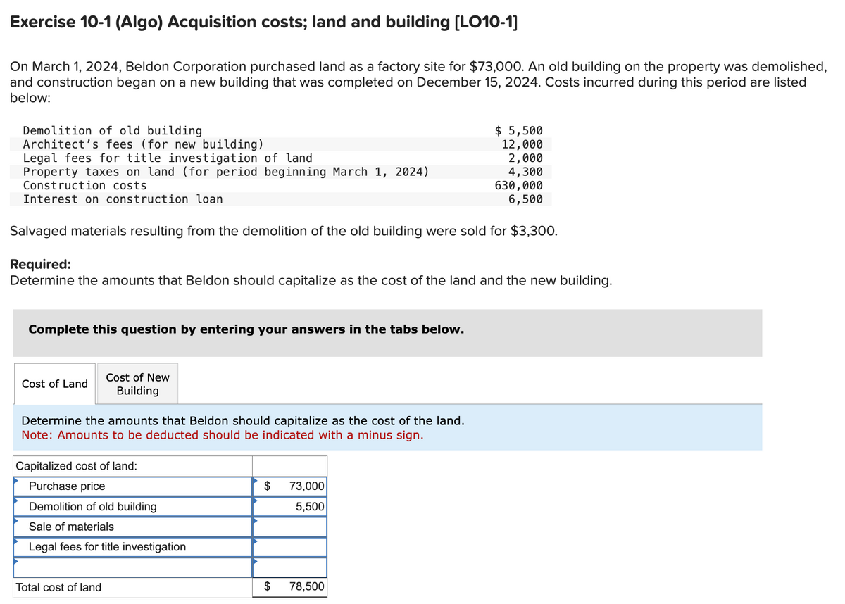 Exercise 10-1 (Algo) Acquisition costs; land and building [LO10-1]
On March 1, 2024, Beldon Corporation purchased land as a factory site for $73,000. An old building on the property was demolished,
and construction began on a new building that was completed on December 15, 2024. Costs incurred during this period are listed
below:
Demolition of old building
Architect's fees (for new building)
Legal fees for title investigation of land
Property taxes on land (for period beginning March 1, 2024)
Construction costs
Interest on construction loan
Salvaged materials resulting from the demolition of the old building were sold for $3,300.
Required:
Determine the amounts that Beldon should capitalize as the cost of the land and the new building.
Complete this question by entering your answers in the tabs below.
Cost of Land
Cost of New
Building
Determine the amounts that Beldon should capitalize as the cost of the land.
Note: Amounts to be deducted should be indicated with a minus sign.
Capitalized cost of land:
Purchase price
Demolition of old building
Sale of materials
Legal fees for title investigation
Total cost of land
$ 73,000
5,500
$ 5,500
12,000
2,000
4,300
630,000
6,500
$ 78,500