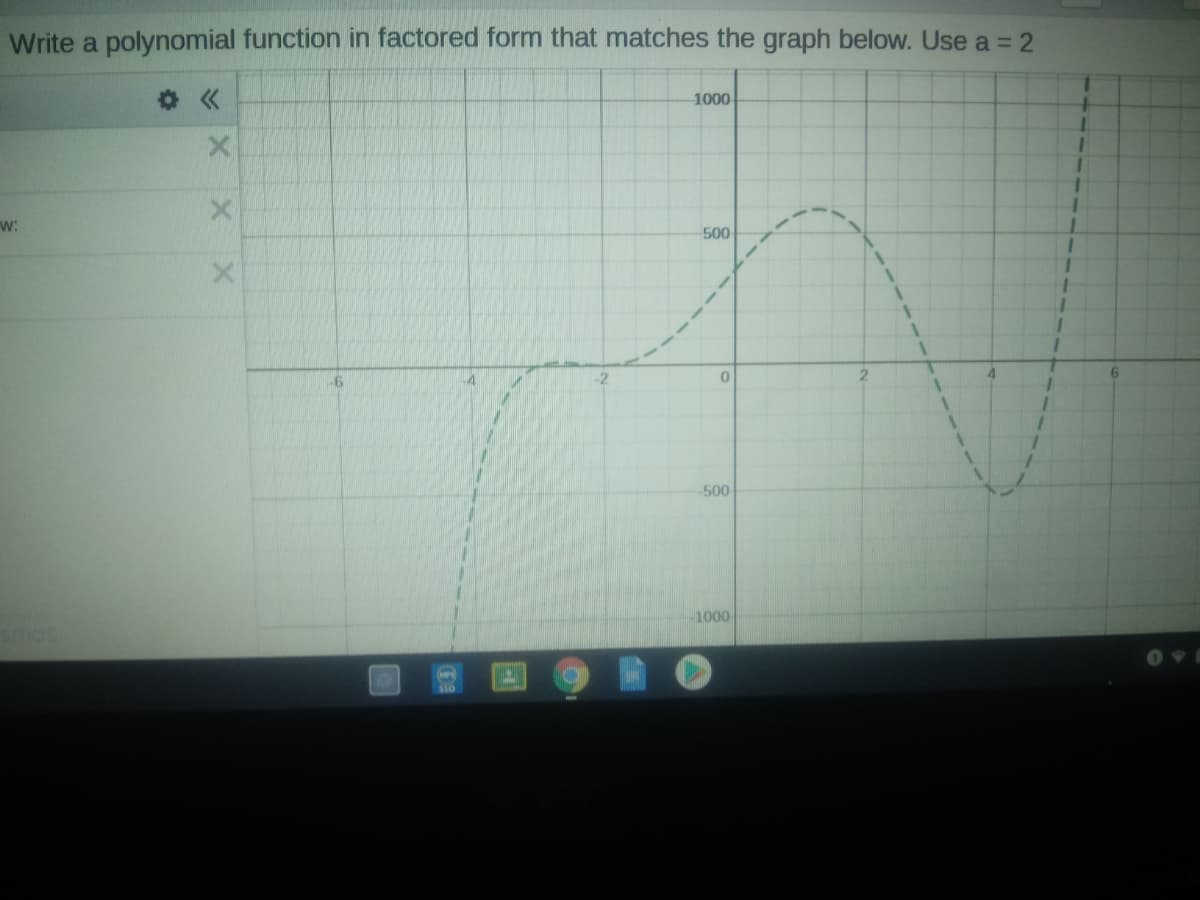 Write a polynomial function in factored form that matches the graph below. Use a = 2
1000
w:
500
-6
-500
1000
