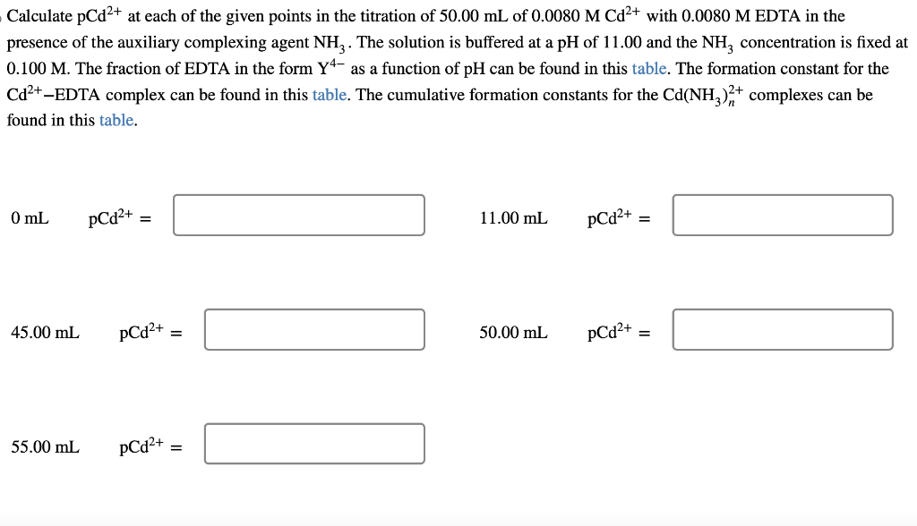 Calculate pCd²+ at each of the given points in the titration of 50.00 mL of 0.0080 M Cd²+ with 0.0080 M EDTA in the
presence of the auxiliary complexing agent NH3. The solution is buffered at a pH of 11.00 and the NH3 concentration is fixed at
0.100 M. The fraction of EDTA in the form Y4 as a function of pH can be found in this table. The formation constant for the
Cd²+-EDTA complex can be found in this table. The cumulative formation constants for the Cd(NH3)2+ complexes can be
found in this table.
0 mL
45.00 mL
55.00 mL
pCd²+
=
pCd²+
=
pCd²+ =
00
11.00 mL
50.00 mL
pCd²+
pCd²+
=
||