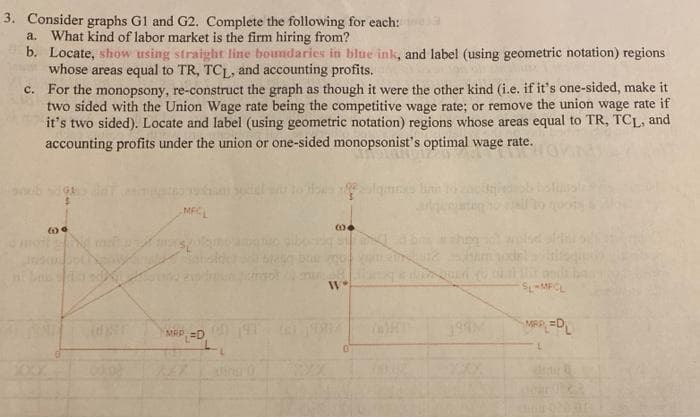3. Consider graphs G1 and G2. Complete the following for each:
a. What kind of labor market is the firm hiring from?
b. Locate, show using straight line boundaries in blue ink, and label (using geometric notation) regions
whose areas equal to TR, TCL, and accounting profits.
c. For the monopsony, re-construct the graph as though it were the other kind (i.e. if it's one-sided, make it
two sided with the Union Wage rate being the competitive wage rate; or remove the union wage rate if
it's two sided). Locate and label (using geometric notation) regions whose areas equal to TR, TCL, and
accounting profits under the union or one-sided monopsonist's optimal wage rate.
MFCL
(1)
(0)6
at La sida so
SL-MPCL
MAP =D ( 47 26
MRP, EDL
W