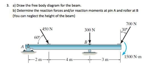 3. a) Draw the free body diagram for the beam.
b) Determine the reaction forces and/or reaction moments at pin A and roller at B
(You can neglect the height of the beam)
700 N
450 N
300 N
30
60
1500 N-m
-4 m
-3 m
