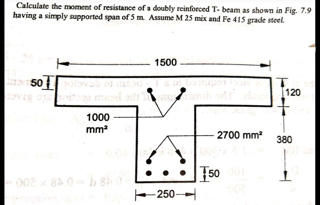 Calculate the moment of resistance of a doubly reinforced T- beam as shown in Fig. 7.9
having a simply supported span of 5 m. Assume M 25 mix and Fe 415 grade steel.
1500
50
120
eito
1000
mm?
2700 mm?
380
50
002 x 8A0-b 80-
002
250
20
