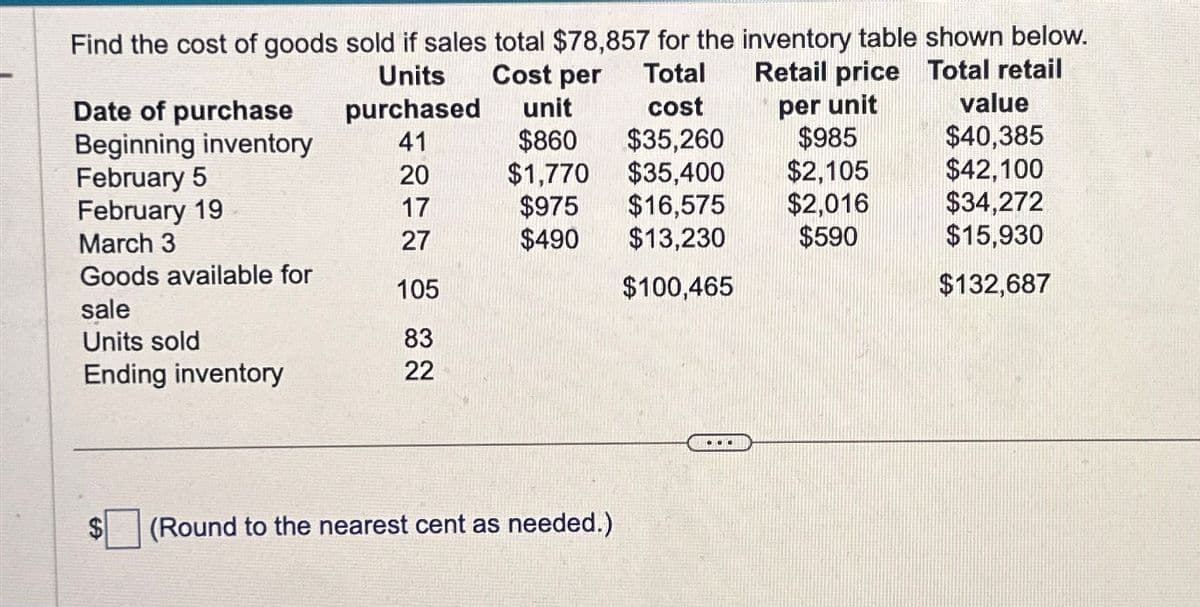 Date of purchase
Units
purchased
Find the cost of goods sold if sales total $78,857 for the inventory table shown below.
Cost per
Retail price Total retail
Total
unit
cost
per unit
value
Beginning inventory
41
$860
$35,260
$985
$40,385
February 5
20
$1,770
$35,400
$2,105
$42,100
February 19
17
$975
$16,575
$2,016
$34,272
March 3
27
$490
$13,230
$590
$15,930
Goods available for
105
$100,465
$132,687
sale
Units sold
83
Ending inventory
22
(Round to the nearest cent as needed.)