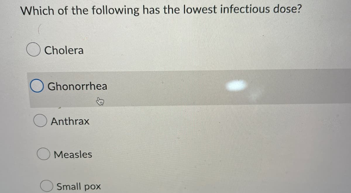 Which of the following has the lowest infectious dose?
Cholera
Ghonorrhea
Anthrax
Measles
Small pox