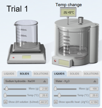 Trial 1
300mL
200ml
106
LIQUIDS SOLIDS SOLUTIONS
Sodium hydroxide-NaOH
Mass (g) 2.50
Temp (°C) 20.0
Show AH solution (kJ/mol) -44.51
Temp change
26.49°C
600
500ML
400H
HE
POK
100H
0
LIQUIDS SOLIDS
Water - H₂O
SOLUTIONS
Mass (g)
Temp (C) 20.0
Show specific heat (J/g°C) 4.184
100.