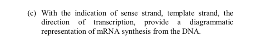 (c) With the indication of sense strand, template strand, the
direction of transcription, provide a diagrammatic
representation of mRNA synthesis from the DNA.
