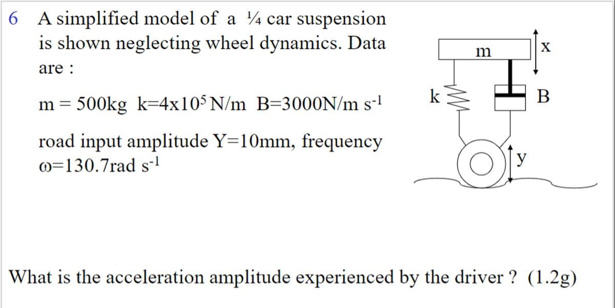 6 A simplified model of a ¼ car suspension
is shown neglecting wheel dynamics. Data
are:
m = 500kg k=4x105 N/m B=3000N/m s-1
k
road input amplitude Y=10mm, frequency
=130.7rad s-¹
X
m
y
B
What is the acceleration amplitude experienced by the driver? (1.2g)