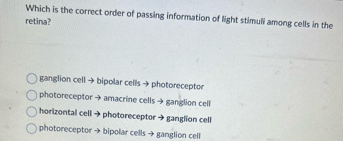 Which the correct order of passing information of light stimuli among cells in the
retina?
ganglion cell → bipolar cells → photoreceptor
photoreceptor → amacrine cells → ganglion cell
horizontal cell photoreceptor →ganglion cell
Ophotoreceptor → bipolar cells → ganglion cell