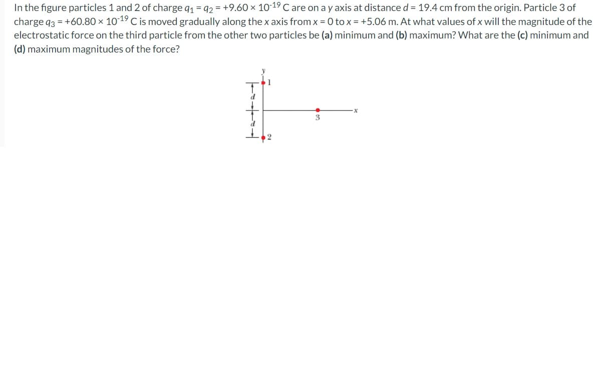 In the figure particles 1 and 2 of charge q₁ q2 = +9.60 × 10-19 C are on a y axis at distance d = 19.4 cm from the origin. Particle 3 of
charge 93 = +60.80 × 10-19 C is moved gradually along the x axis from x = 0 to x = +5.06 m. At what values of x will the magnitude of the
electrostatic force on the third particle from the other two particles be (a) minimum and (b) maximum? What are the (c) minimum and
(d) maximum magnitudes of the force?
d
1
3