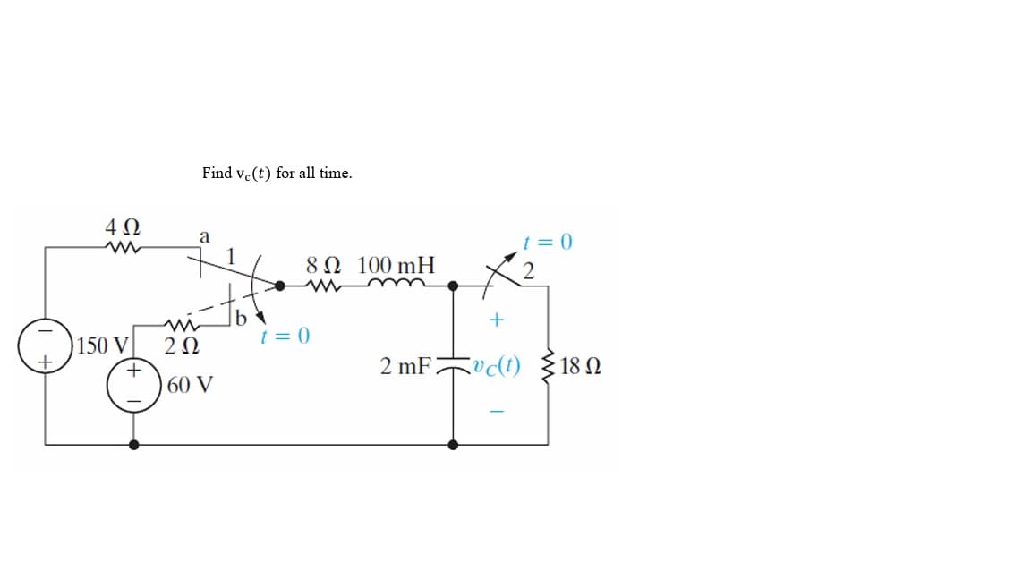 4Ω
ww
150 V|
+
Find ve(t) for all time.
a
2 Ω
60 V
1
8Ω 100 mH
t = 0
2 mF
t = 0
Uc(t) 18 Ω
