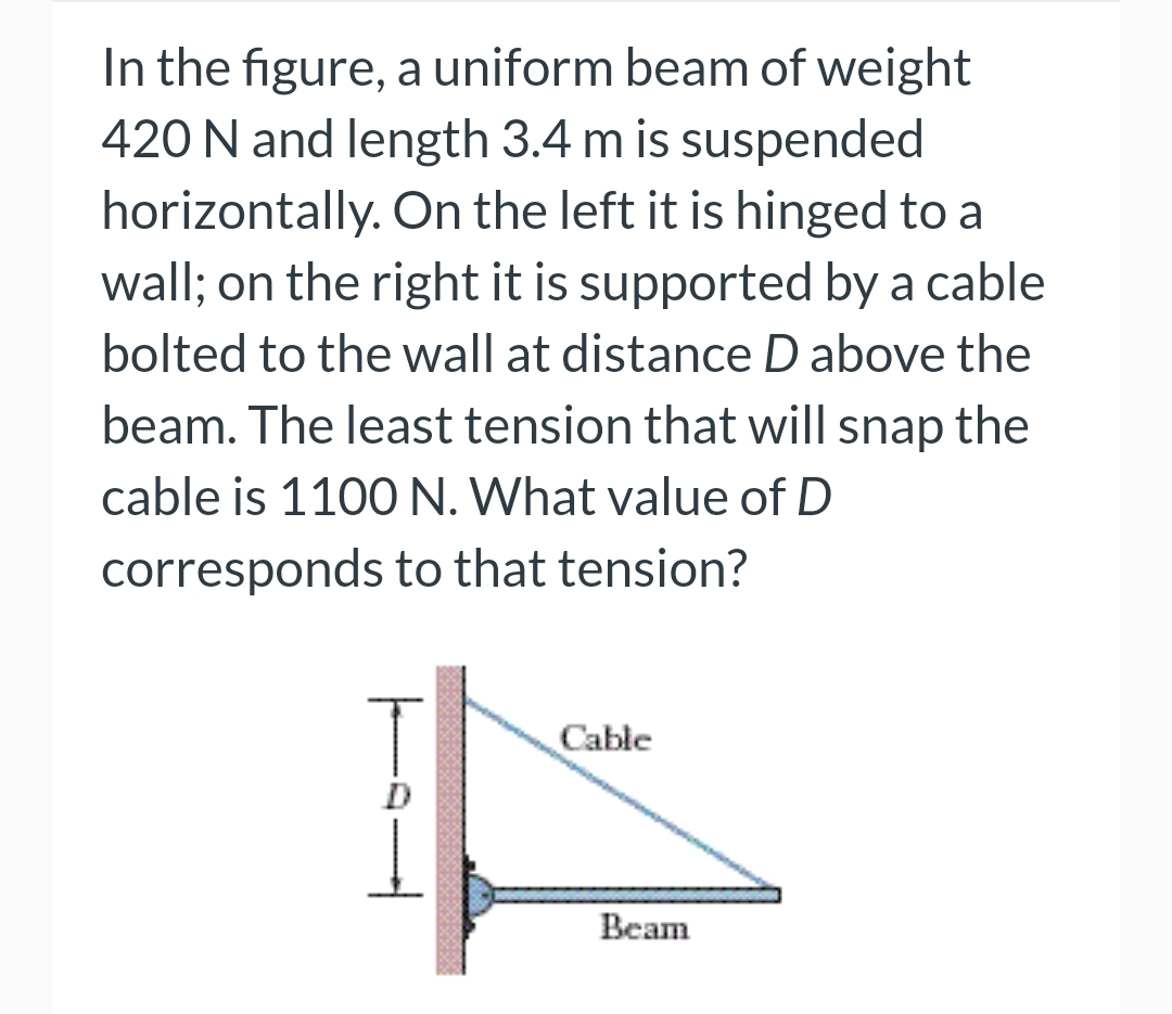 In the figure, a uniform beam of weight
420 N and length 3.4 m is suspended
horizontally. On the left it is hinged to a
wall; on the right it is supported by a cable
bolted to the wall at distance D above the
beam. The least tension that will snap the
cable is 1100 N. What value of D
corresponds to that tension?
Cable
Beam