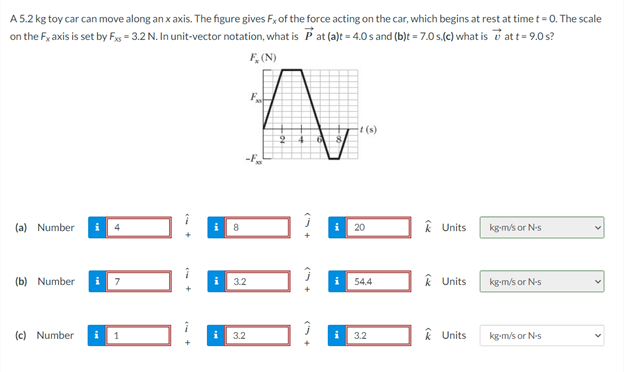 A 5.2 kg toy car can move along an x axis. The figure gives Fx of the force acting on the car, which begins at rest at time t = 0. The scale
on the Fx axis is set by Fxs = 3.2 N. In unit-vector notation, what is Pat (a)t = 4.0s and (b)t = 7.0 s.(c) what is at t= 9.0 s?
F, (N)
(a) Number
(b) Number
4
7
(c) Number i 1
8
3.2
3.2
F
(+
(+
i 20
i 54.4
i
3.2
k Units
k Units
k Units
kg-m/s or N-s
kg-m/s or N-s
kg-m/s or N-s