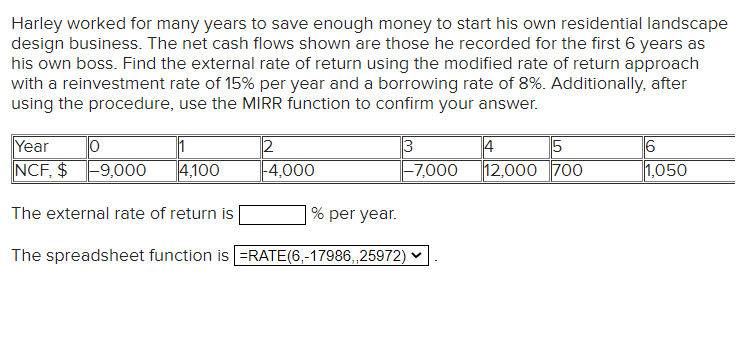 Harley worked for many years to save enough money to start his own residential landscape
design business. The net cash flows shown are those he recorded for the first 6 years as
his own boss. Find the external rate of return using the modified rate of return approach
with a reinvestment rate of 15% per year and a borrowing rate of 8%. Additionally, after
using the procedure, use the MIRR function to confirm your answer.
Year
0
1
NCF, $ -9,000 4,100
2
-4,000
The external rate of return is
3
-7,000
% per year.
The spreadsheet function is =RATE(6,-17986,,25972)
4
5
12,000 700
6
1,050