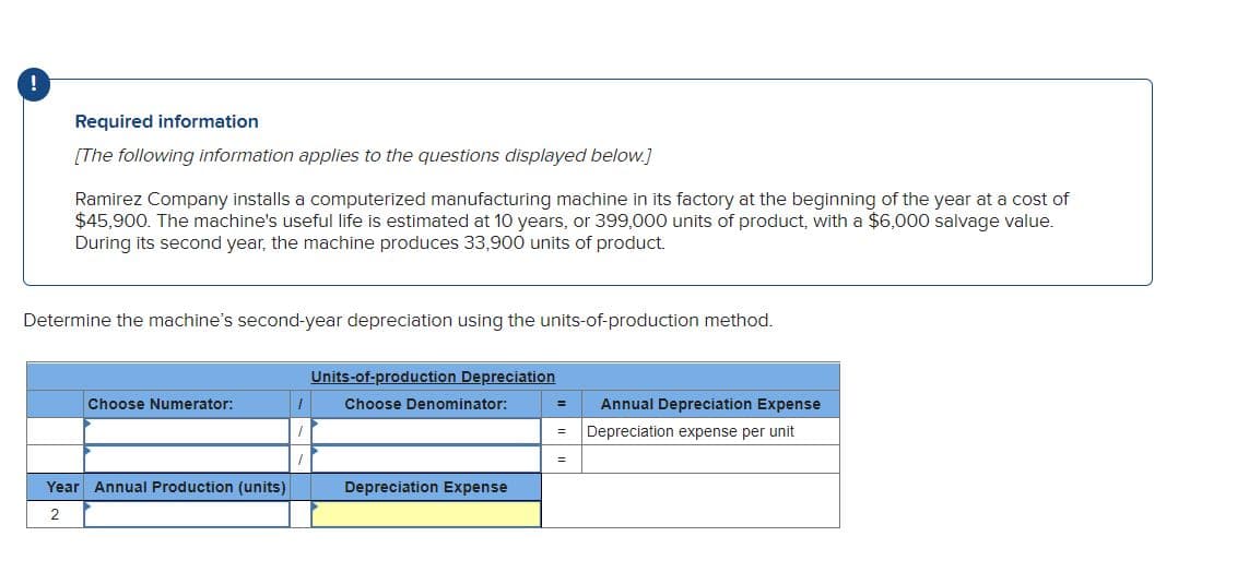Required information
[The following information applies to the questions displayed below.]
Ramirez Company installs a computerized manufacturing machine in its factory at the beginning of the year at a cost of
$45,900. The machine's useful life is estimated at 10 years, or 399,000 units of product, with a $6,000 salvage value.
During its second year, the machine produces 33,900 units of product.
Determine the machine's second-year depreciation using the units-of-production method.
Choose Numerator:
Year Annual Production (units)
2
Units-of-production Depreciation
Choose Denominator:
Depreciation Expense
= Annual Depreciation Expense
= Depreciation expense per unit
=