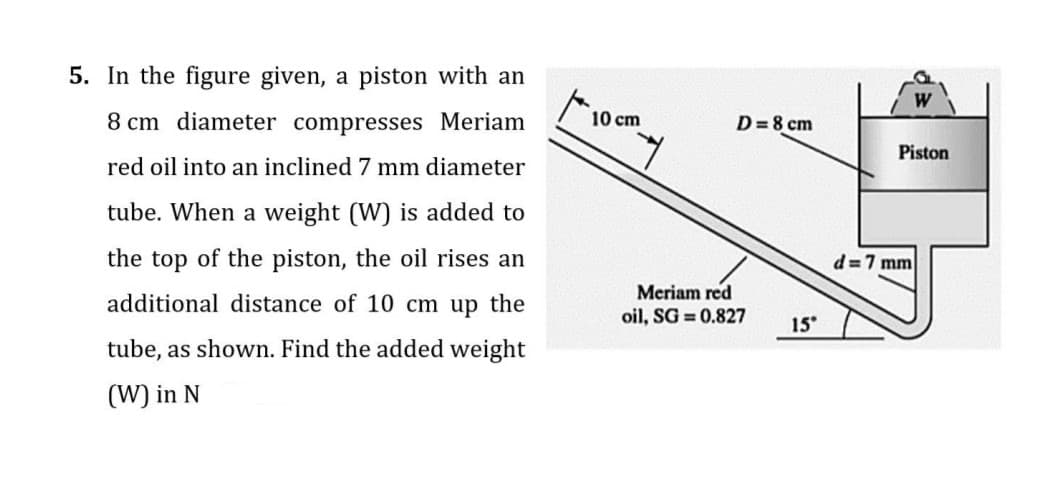 5. In the figure given, a piston with an
W
8 cm diameter compresses Meriam
10 cm
D= 8 cm
Piston
red oil into an inclined 7 mm diameter
tube. When a weight (W) is added to
the top of the piston, the oil rises an
d =7 mm
additional distance of 10 cm up the
Meriam red
oil, SG = 0.827
15°
tube, as shown. Find the added weight
(W) in N

