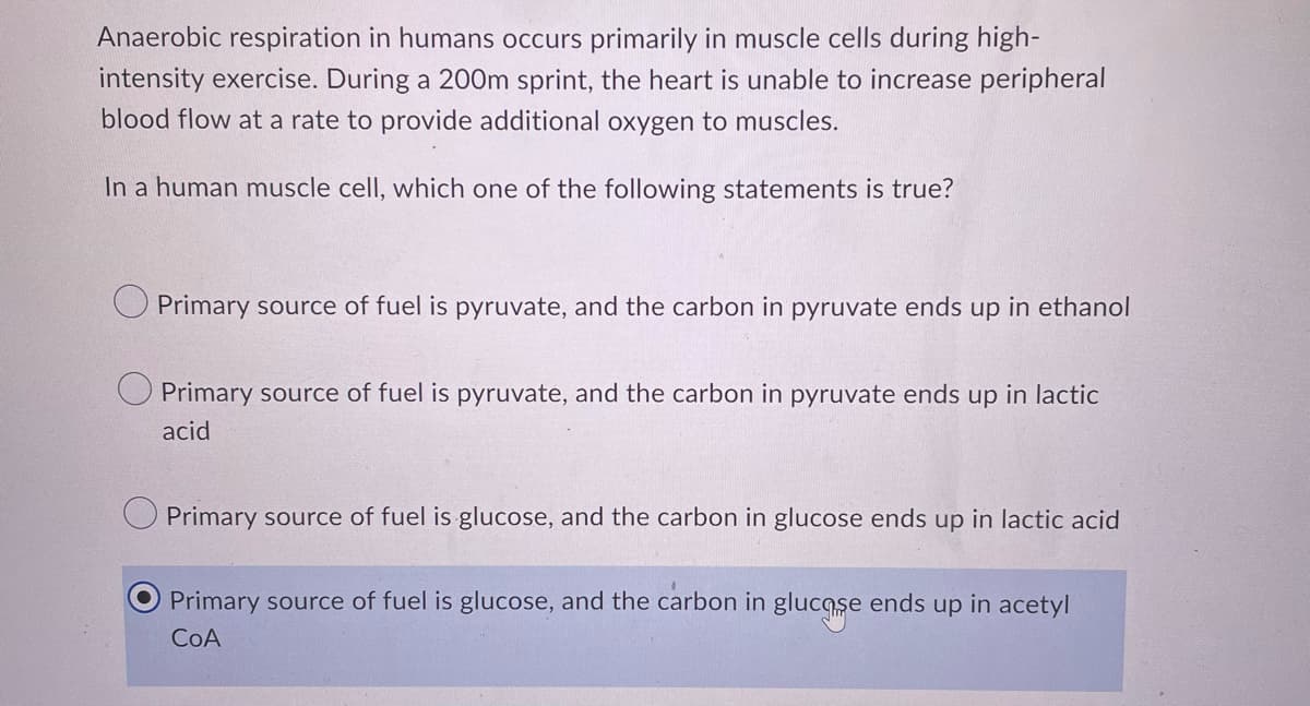 Anaerobic respiration in humans occurs primarily in muscle cells during high-
intensity exercise. During a 200m sprint, the heart is unable to increase peripheral
blood flow at a rate to provide additional oxygen to muscles.
In a human muscle cell, which one of the following statements is true?
Primary source of fuel is pyruvate, and the carbon in pyruvate ends up in ethanol
O Primary source of fuel is pyruvate, and the carbon in pyruvate ends up in lactic
acid
Primary source of fuel is glucose, and the carbon in glucose ends up in lactic acid
Primary source of fuel is glucose, and the carbon in glucqşe ends up in acetyl
COA
