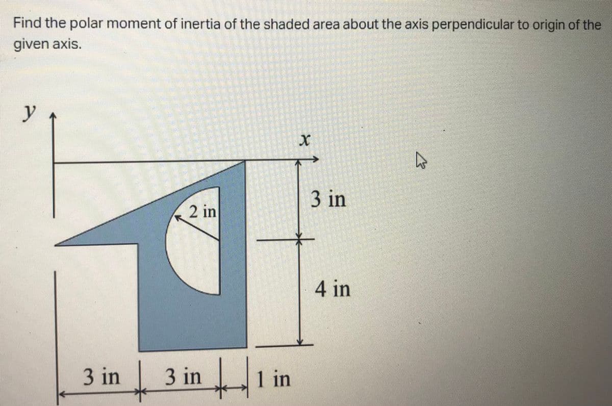 Find the polar moment of inertia of the shaded area about the axis perpendicular to origin of the
given axis.
y
3 in
2 in
4 in
3 in
3 in 1 in
