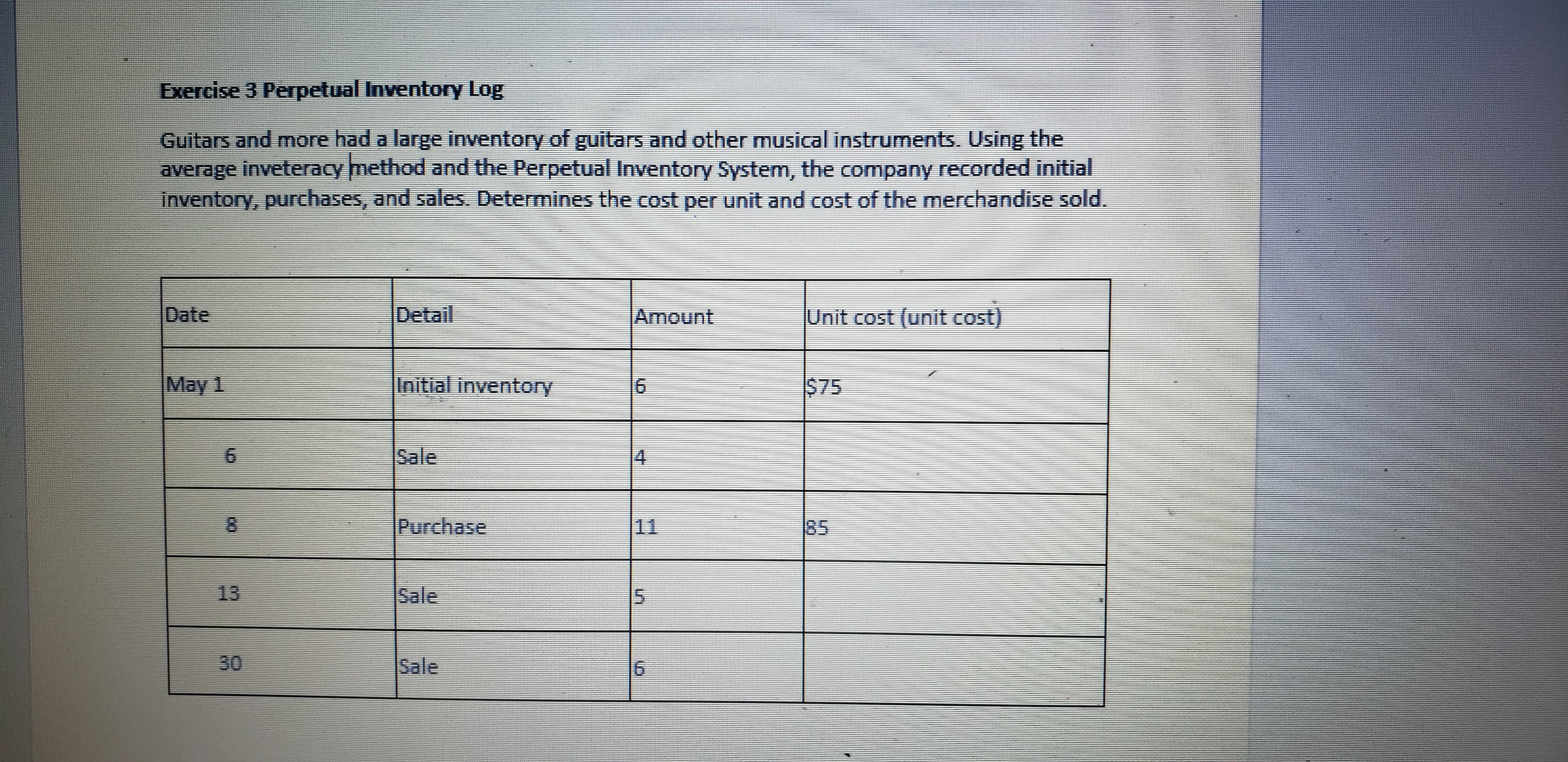 Exercise 3 Perpetual Inventory Log
Guitars and more had a large inventory of guitars and other musical instruments. Using the
average inveteracy method and the Perpetual Inventory System, the company recorded initial
Inventory, purchases, and sales. Determines the cost per unit and cost of the merchandise sold.
Date
Detail
Amount
Unit cost (unit cost)
May 1
Initial inventory
$75
Sale
4.
8.
Purchase
11
85
13
Sale
30
Sale
5,
