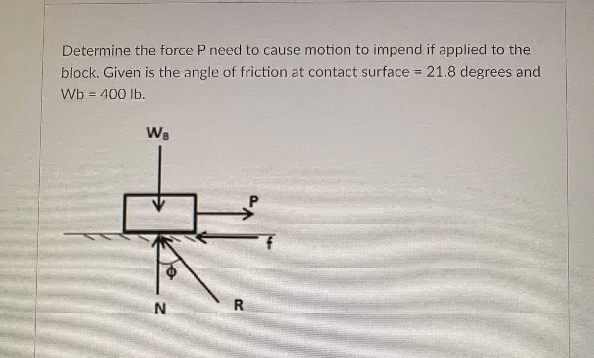 Determine the force P need to cause motion to impend if applied to the
block. Given is the angle of friction at contact surface = 21.8 degrees and
Wb = 400 lb.
WB
N
$
R
