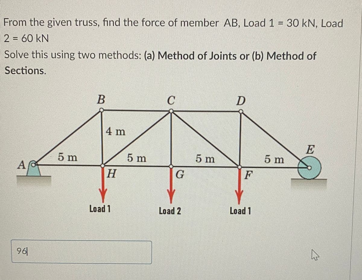 From the given truss, find the force of member AB, Load 1 = 30 kN, Load
2 = 60 kN
Solve this using two methods: (a) Method of Joints or (b) Method of
Sections.
A
961
5 m
B
4 m
H
Load 1
5 m
C
G
Load 2
5 m
D
F
Load 1
5 m