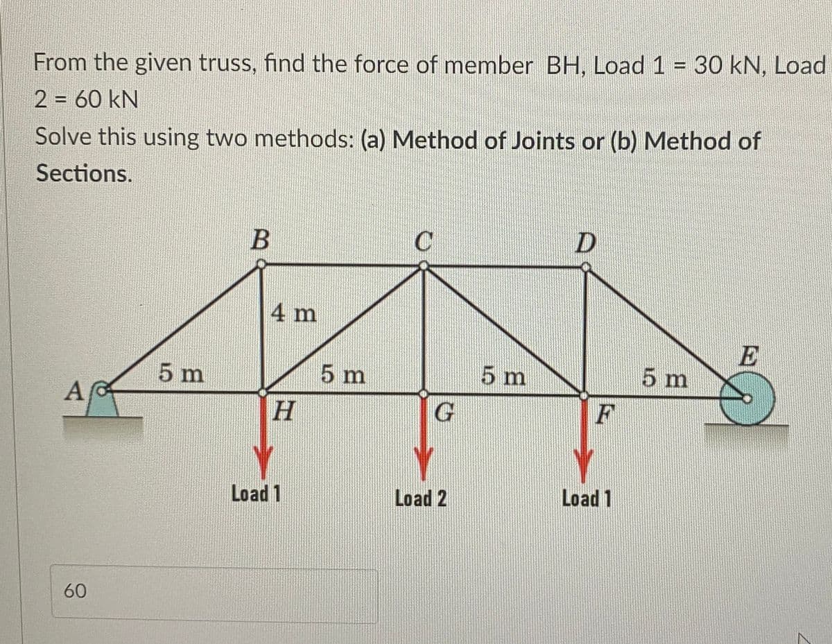 From the given truss, find the force of member BH, Load 1 = 30 kN, Load
2 = 60 kN
H
Solve this using two methods: (a) Method of Joints or (b) Method of
Sections.
A
60
5 m
B
4 m
H
Load 1
5 m
C
Load 2
5 m
D
F
Load 1
5 m