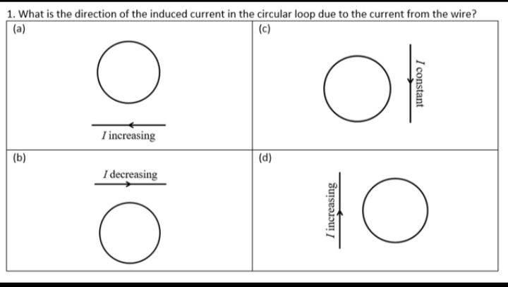 1. What is the direction of the induced current in the circular loop due to the current from the wire?
(a)
(c)
I increasing
(b)
(d)
I decreasing
I constant
I increasing
