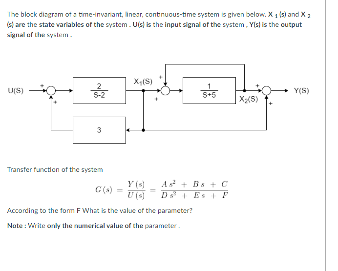 The block diagram of a time-invariant, linear, continuous-time system is given below. X 1 (s) and X 2
(s) are the state variables of the system. U(s) is the input signal of the system , Y(s) is the output
signal of the system.
X;(S)
1
U(S)
Y(S)
S-2
S+5
X2(S)
3
Transfer function of the system
Y (s)
G(s) =
U (s)
A s? + Bs + C
D s? + Es + F
According to the form F What is the value of the parameter?
Note : Write only the numerical value of the parameter.

