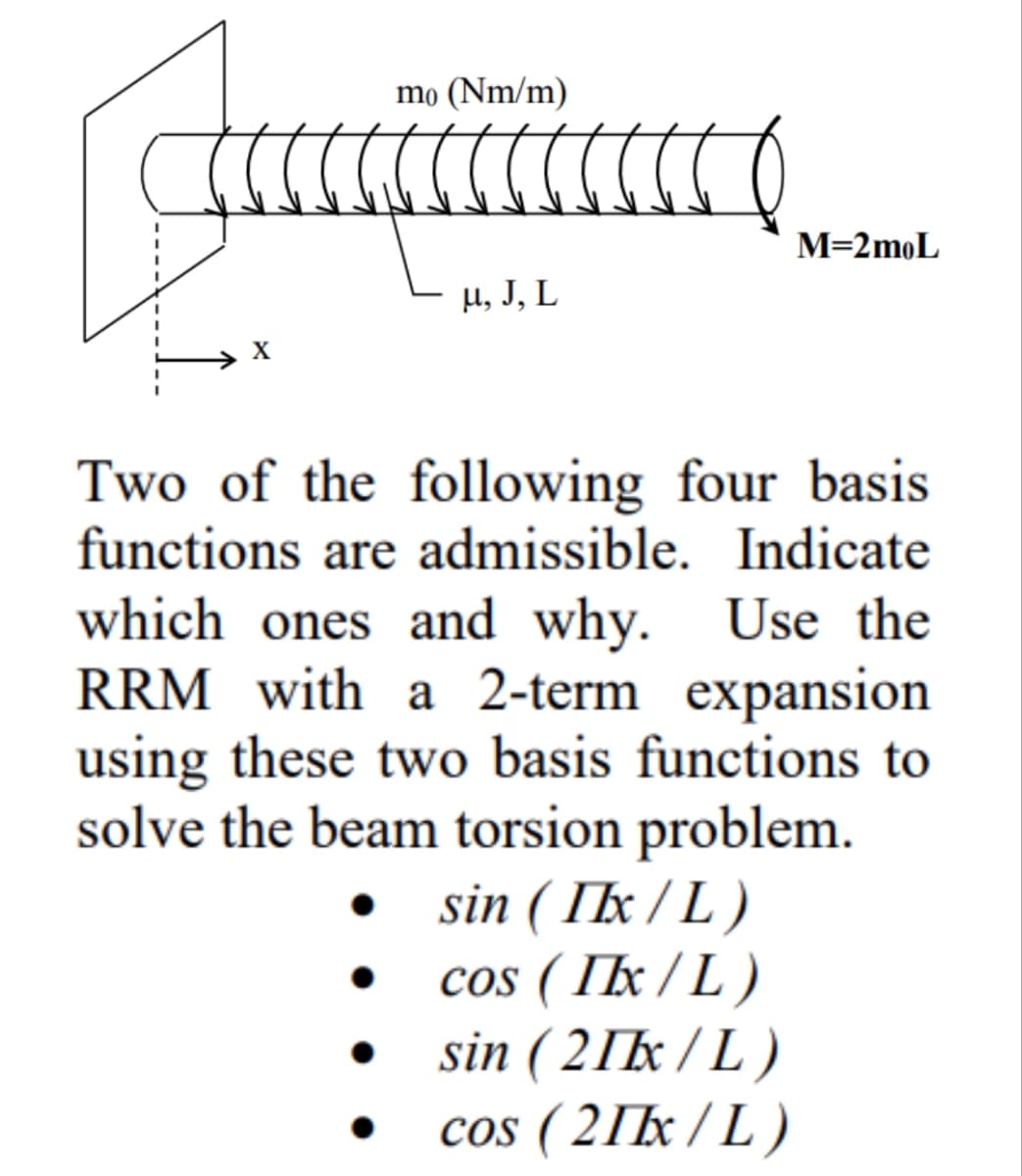 mo (Nm/m)
Jac
M=2moL
H, J, L
X
Two of the following four basis
functions are admissible. Indicate
which ones and why. Use the
RRM with a 2-term expansion
using these two basis functions to
solve the beam torsion problem.
sin (IIx/L)
cos (Ix/L)
sin (21kx/L)
cos (21kx/L)