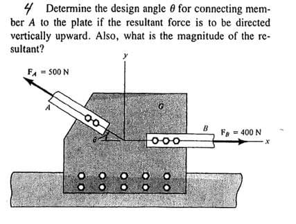 4 Determine the design angle 8 for connecting mem-
ber A to the plate if the resultant force is to be directed
vertically upward. Also, what is the magnitude of the re-
sultant?
F₁ = 500 N
-00
00
y
ooo
B
FB = 400 N
X