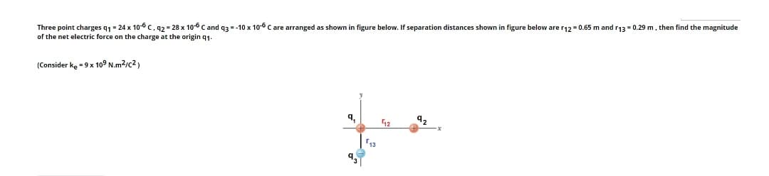 Three point charges q1 = 24 x 10-6 c.q2 = 28 x 10-6 c and q3 = -10 x 10-6 C are arranged as shown in figure below. If separation distances shown in figure below are r12 = 0.65 m and r13 = 0.29 m, then find the magnitude
of the net electric force on the charge at the origin q1.
(Consider ke -9 x 109 N.m2/c2)
9,
92
42
13
