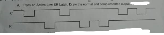 S'
R'
A. From an Active Low SR Latch, Draw the normal and complemented output