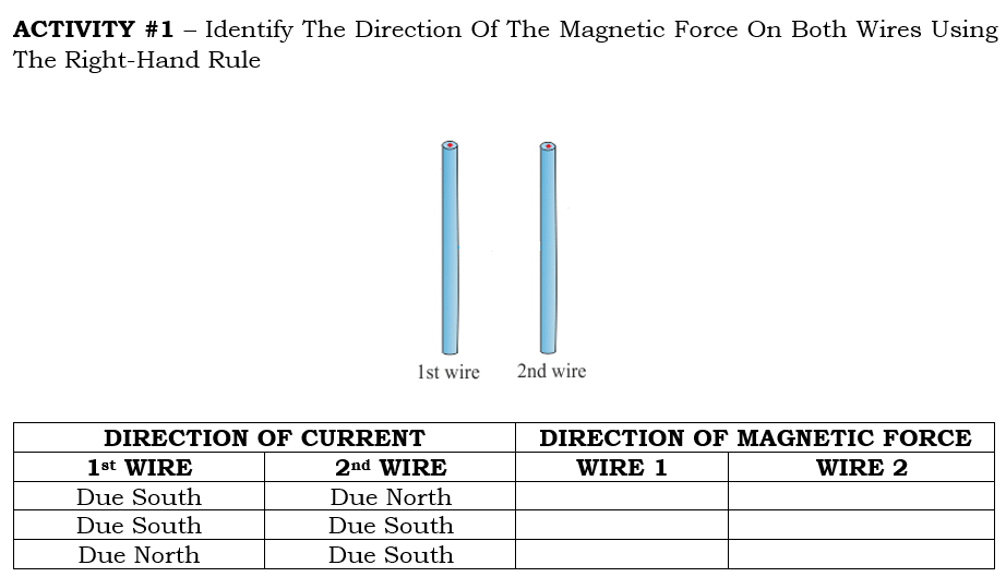 ACTIVITY #1 - Identify The Direction Of The Magnetic Force On Both Wires Using
The Right-Hand Rule
1st wire
2nd wire
DIRECTION OF CURRENT
DIRECTION OF MAGNETIC FORCE
1st WIRE
2nd WIRE
WIRE 1
WIRE 2
Due South
Due North
Due South
Due South
Due North
Due South

