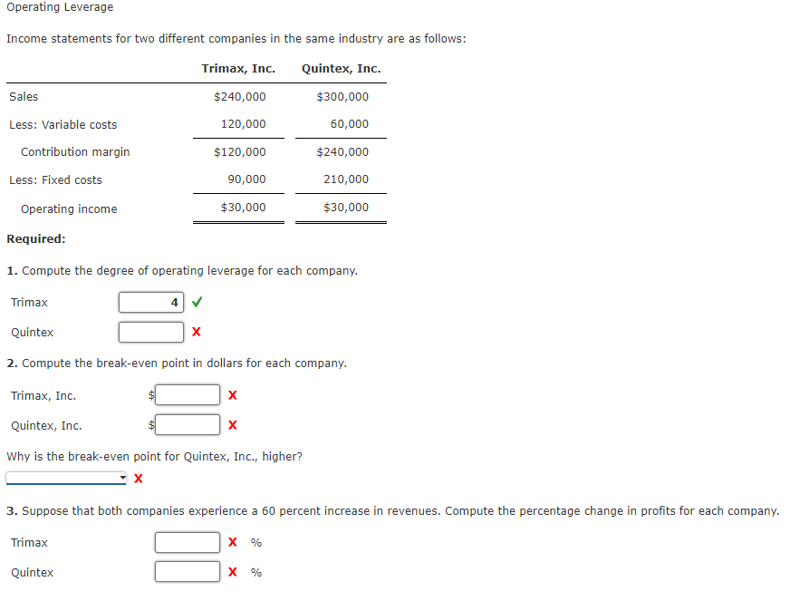 Operating Leverage
Income statements for two different companies in the same industry are as follows:
Trimax, Inc.
Quintex, Inc.
Sales
$240,000
$300,000
Less: Variable costs
120,000
60,000
Contribution margin
$120,000
$240,000
Less: Fixed costs
90,000
210,000
Operating income
$30,000
$30,000
Required:
1. Compute the degree of operating leverage for each company.
Trimax
Quintex
2. Compute the break-even point in dollars for each company.
Trimax, Inc.
Quintex, Inc.
Why is the break-even point for Quintex, Inc., higher?
3. Suppose that both companies experience a 60 percent increase in revenues. Compute the percentage change in profits for each company.
Trimax
X %
Quintex
х %
