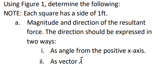 Using Figure 1, determine the following:
NOTE: Each square has a side of 1ft.
a.
Magnitude and direction of the resultant
force. The direction should be expressed in
two ways:
i. As angle from the positive x-axis.
ii. As vector i