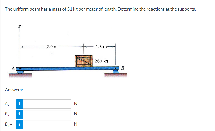 The uniform beam has a mass of 51 kg per meter of length. Determine the reactions at the supports.
A
Ay
Answers:
=
Bx
By=
||
y
i
i
2.9 m-
N
N
N
1.3 m-
260 kg
B