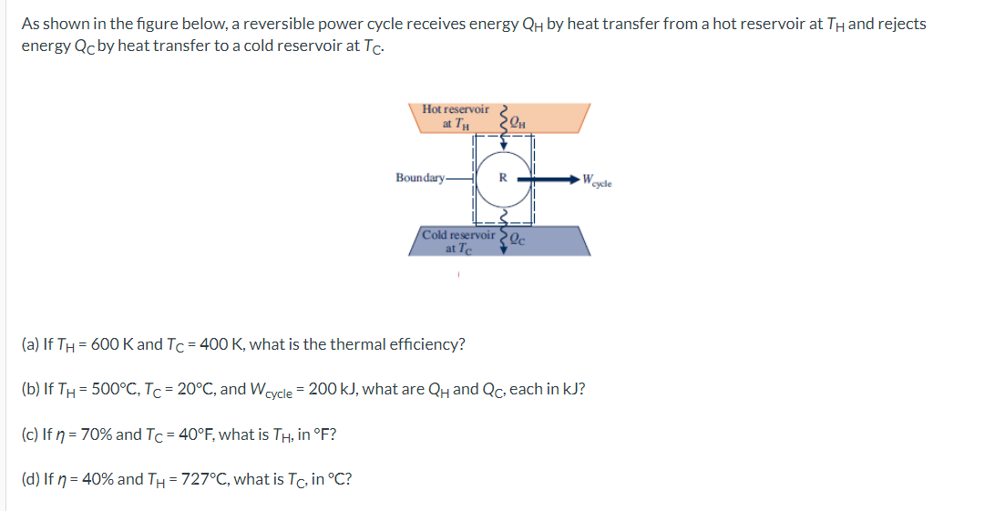 As shown in the figure below, a reversible power cycle receives energy QH by heat transfer from a hot reservoir at TH and rejects
energy Qc by heat transfer to a cold reservoir at Tc.
Hot reservoir
at TH
Boundary.
R
H
Cold reservoir c
at Te
Wcycle
(a) If TH=600 K and Tc = 400 K, what is the thermal efficiency?
(b) If TH= 500°C, Tc = 20°C, and Wcycle = 200 kJ, what are QH and Qc, each in kJ?
(c) If n = 70% and Tc = 40°F, what is TH, in °F?
(d) If n = 40% and TH = 727°C, what is Tc, in °C?