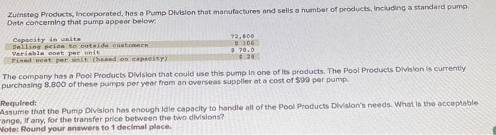 Zumsteg Products, Incorporated, has a Pump Division that manufactures and sells a number of products, including a standard pump.
Date concerning that pump appear below:
Capacity in units
Selling price to outside customers
Variable cost per unit
Fixed cost per unit (based on capacity)
72,800
#106
70.0
$20
The company has a Pool Products Division that could use this pump in one of its products. The Pool Products Division is currently
purchasing 8,800 of these pumps per year from an overseas supplier at a cost of $99 per pump.
Required:
Assume that the Pump Division has enough Idle capacity to handle all of the Pool Products Division's needs. What is the acceptable
ange, If any, for the transfer price between the two divisions?
Note: Round your answers to 1 decimal place.