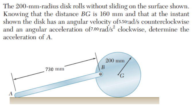 The 200-mm-radius disk rolls without sliding on the surface shown.
Knowing that the distance BG is 160 mm and that at the instant
shown the disk has an angular velocity of5.50rad/s counterclockwise
and an angular acceleration of 7.00 rad/s² clockwise, determine the
acceleration of A.
A
730 mm
200 mm
B