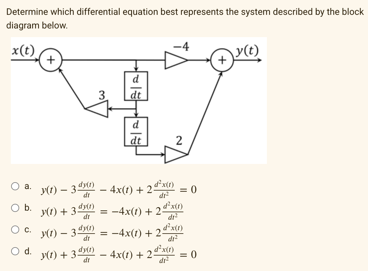 Determine which differential equation best represents the system described by the block
diagram below.
x(t)
O
a.
b.
C.
d.
+
y(t) - 3 dy()
dt
y(t)+3°
y(t) — 3.
dy(t)
dt
dy(t)
dt
y(t) + 3 dy(t)
dt
3
d
dt
d
dt
¸d²x(t)
dt²
· 4x(t) + 2·
-4
= −4x(t) + 2-
=
= −4x(t) + 2-
2
d²x(t)
dt²
d²x(t)
dt²
= 0
- 4x(t) + 2² = 0
d²x(t)
dt²
+
y(t)