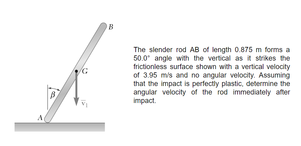 A
В
G
B
The slender rod AB of length 0.875 m forms a
50.0° angle with the vertical as it strikes the
frictionless surface shown with a vertical velocity
of 3.95 m/s and no angular velocity. Assuming
that the impact is perfectly plastic, determine the
angular velocity of the rod immediately after
impact.