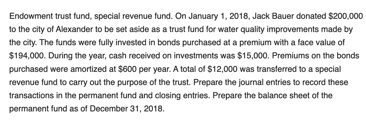Endowment trust fund, special revenue fund. On January 1, 2018, Jack Bauer donated $200,000
to the city of Alexander to be set aside as a trust fund for water quality improvements made by
the city. The funds were fully invested in bonds purchased at a premium with a face value of
$194,000. During the year, cash received on investments was $15,000. Premiums on the bonds
purchased were amortized at $600 per year. A total of $12,000 was transferred to a special
revenue fund to carry out the purpose of the trust. Prepare the journal entries to record these
transactions in the permanent fund and closing entries. Prepare the balance sheet of the
permanent fund as of December 31, 2018.